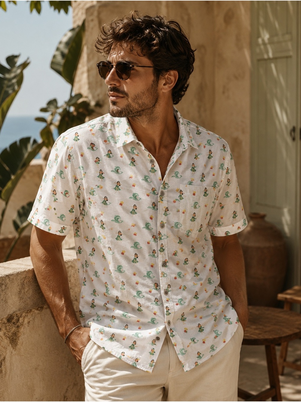 831. Men's White Short-Sleeve Printed Shirt